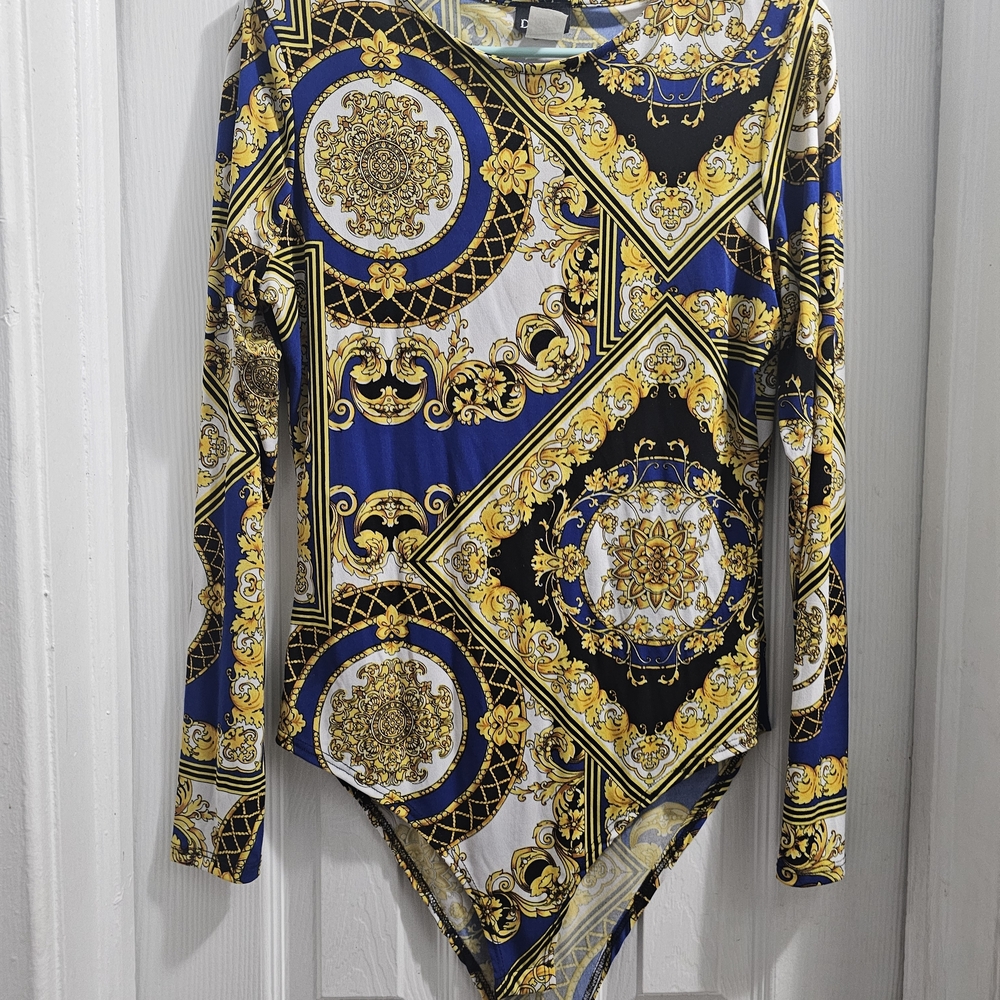 Baroque Print Long Sleeve Bodysuit - Blue and Gold